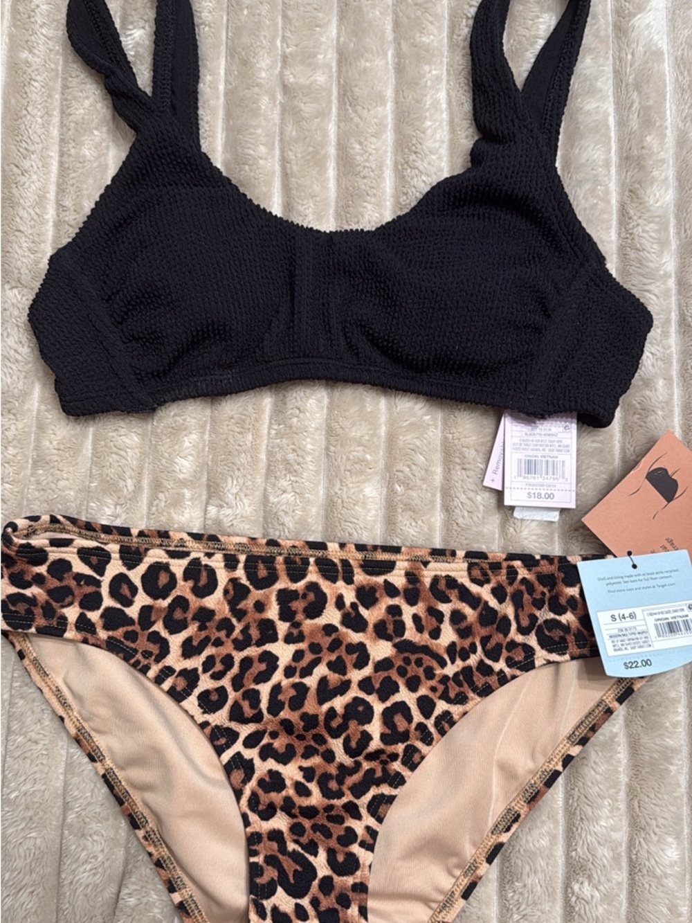 Small Black Textured Bralette & Leopard Bikini Bottom Set